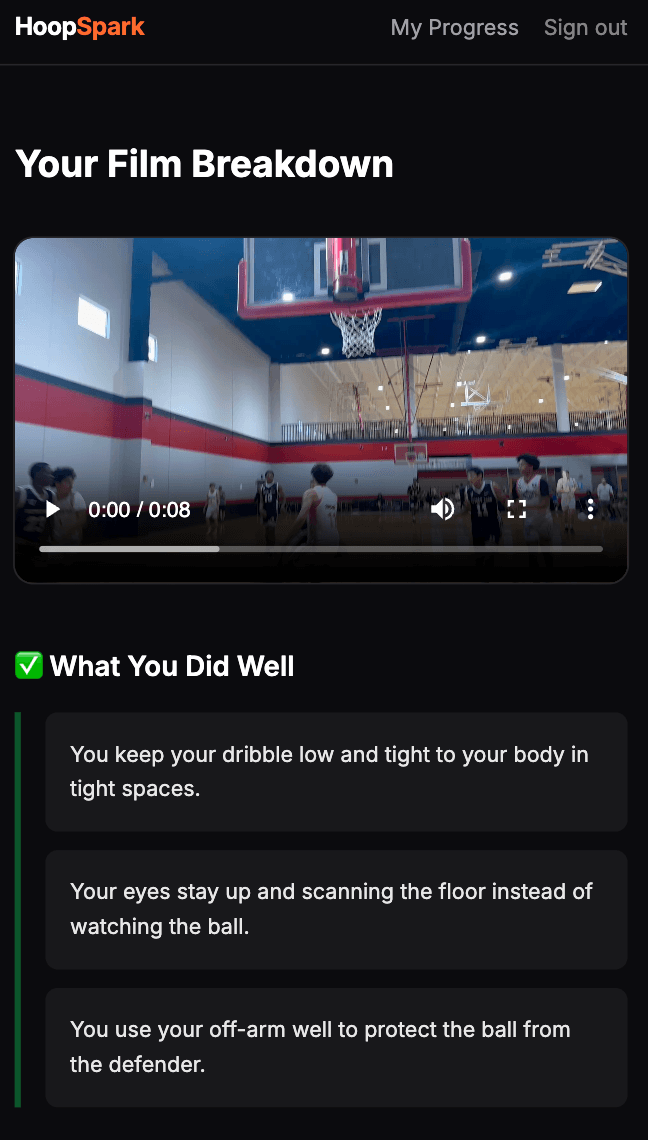 HoopSpark feedback screen showing strengths, improvements, and a focus drill