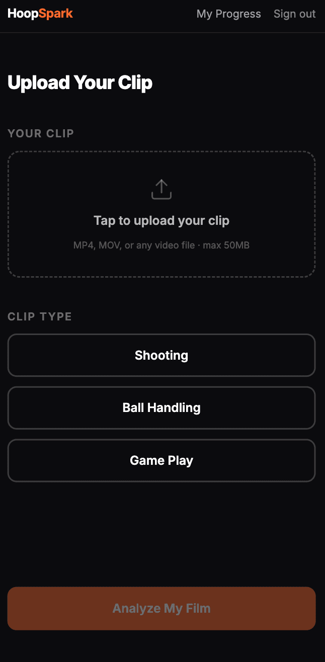 HoopSpark upload screen